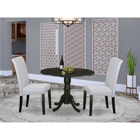 East West Furniture 3 Piece Dublin Small Round Table with Linen Grayish Blue Fabric Kitchen Chairs w/Black Chair Legs DLBA3-BLK-05